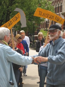 Bix dancing before the start of the Transform Now Plowshares trial in Knoxville, May 2013. Photo by Felice Cohen-Joppa