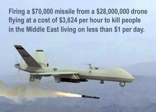 Text over a drone graphic: "Firing a $70,000 missile from a $28,000,000 drone flying at a cost of $3,624 per hour to kill people in the Middle East living on less than $1 per day."